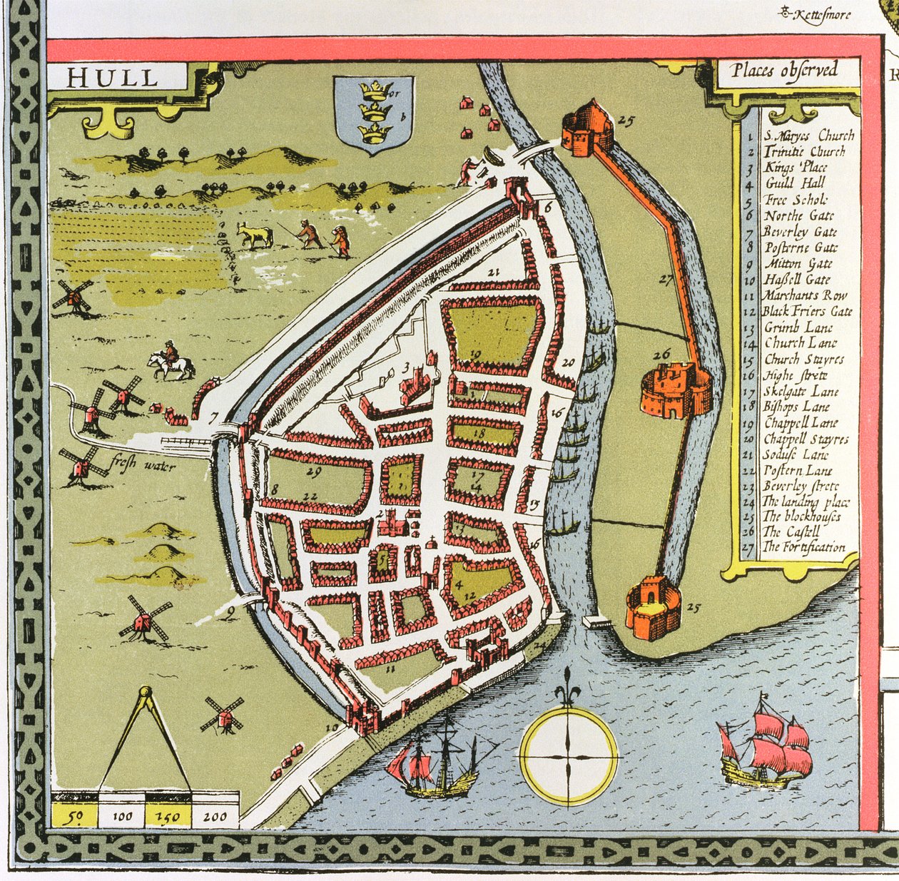 Hull, Detail aus der Karte der Nord- und Ostringe von Yorkshire, graviert von Jodocus Hondius (1563-1612) aus John Speeds 