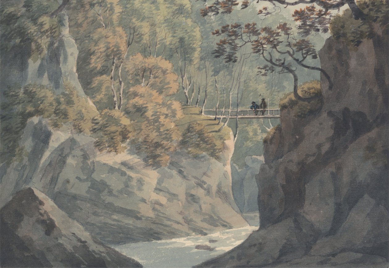 Alpenbrücke und Waldlandschaft bei Pistil y Maw von John Warwick Smith