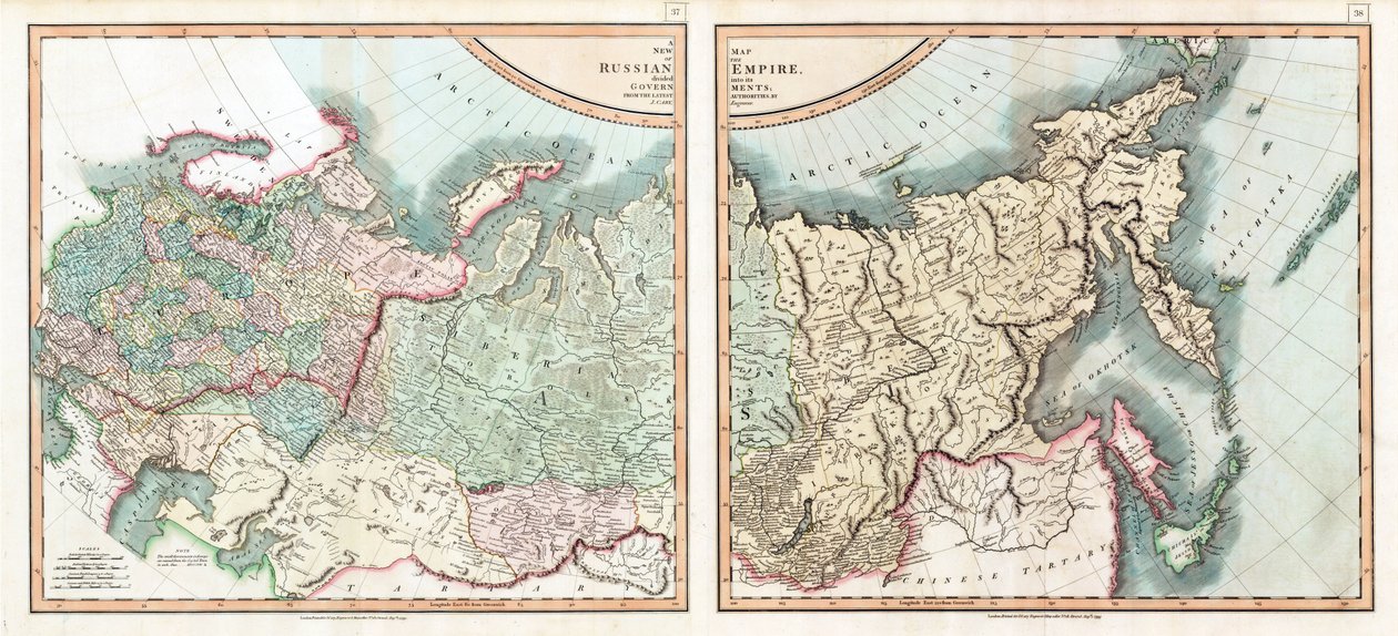 Karte des Russischen Reiches, unterteilt in seine Gouvernements von John (after) Cary