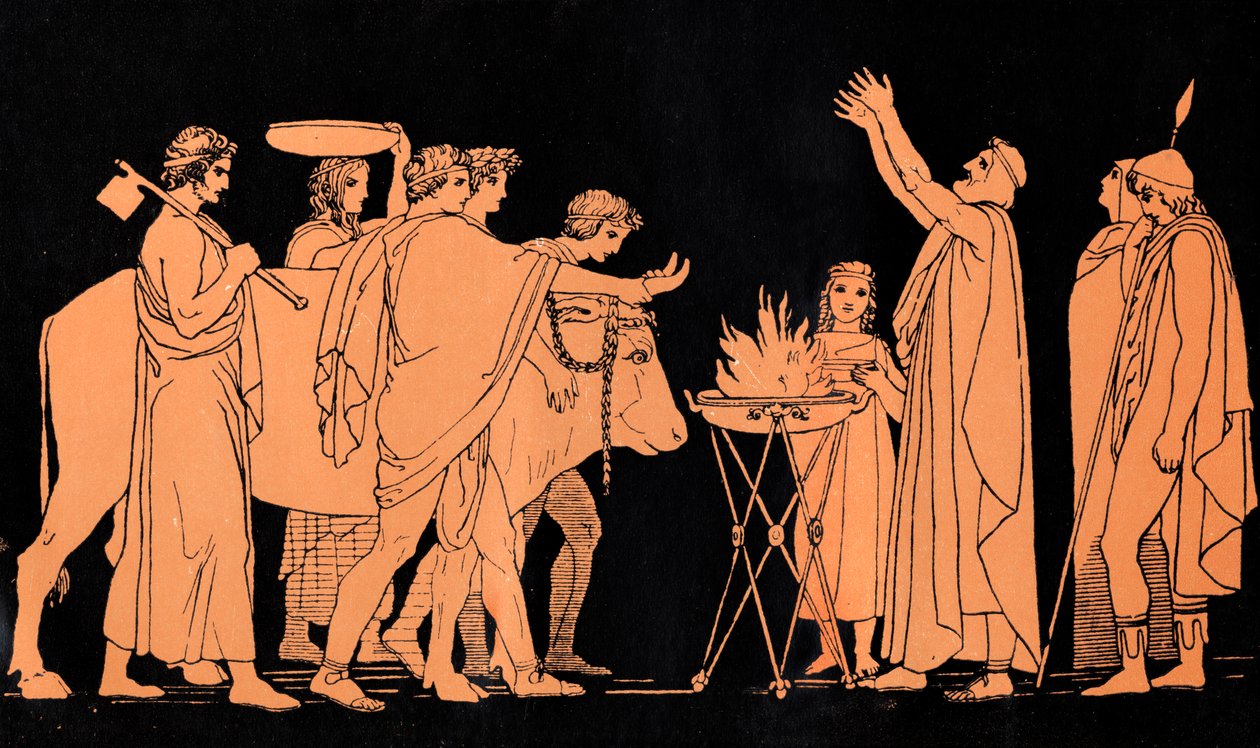 Nestor, König von Pylos und ehemaliger Krieger im Trojanischen Krieg, opfert Stiere an Poseidon, Szene aus 