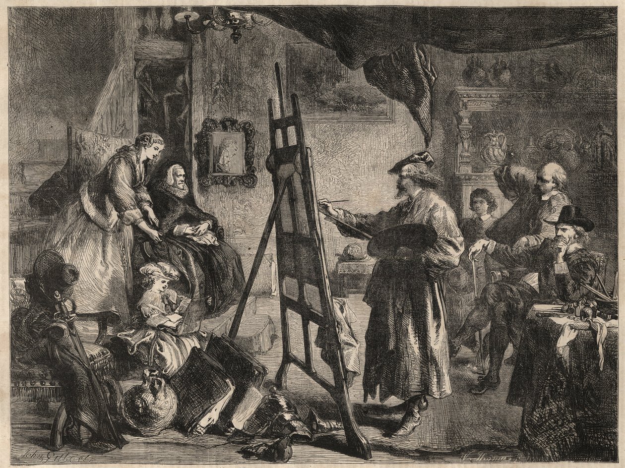 DAS ATELIER VON REMBRANDT - Gravur nach einem Gemälde von J. Gilbert - l