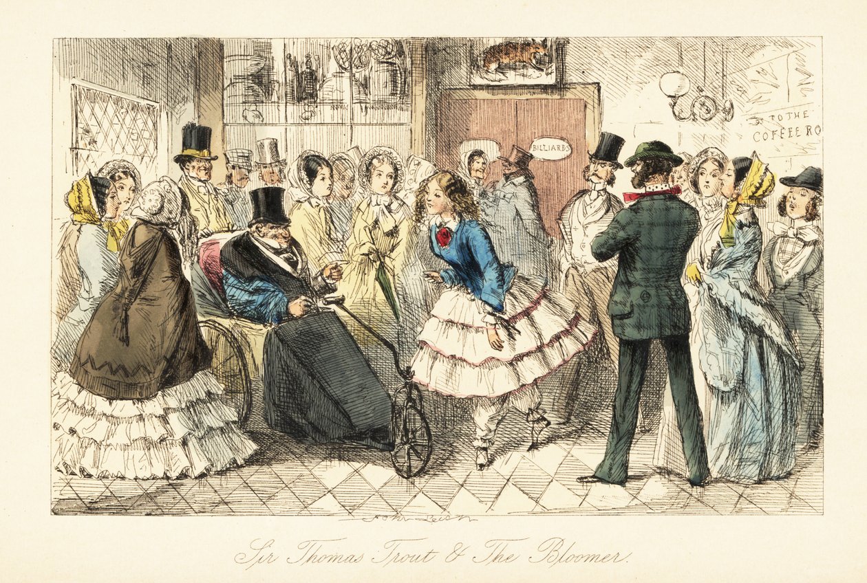 Alter Herr mit Gicht in einem Invalidenstuhl spricht mit einer jungen Frau in Bloomers von John (after) Leech