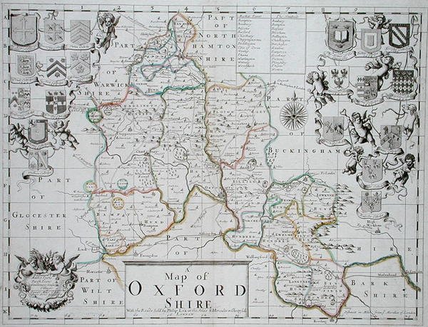 Karte von Oxfordshire, gestochen und handkoloriert von John Oliver und Richard Palmer, veröffentlicht von Philip Lea, ca. 1690 von John (after) Sellar