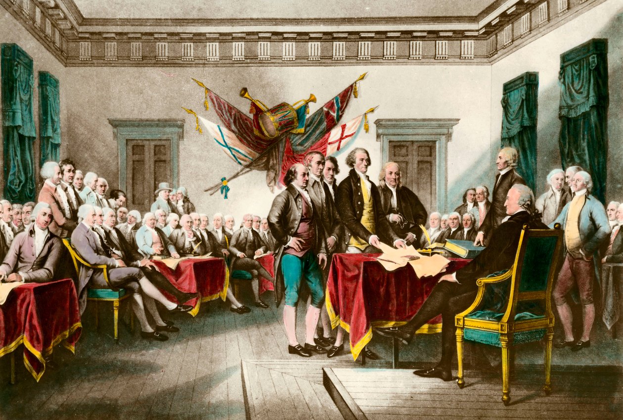 Unterzeichnung der Unabhängigkeitserklärung der Vereinigten Staaten im Jahr 1776 von John (after) Trumbull