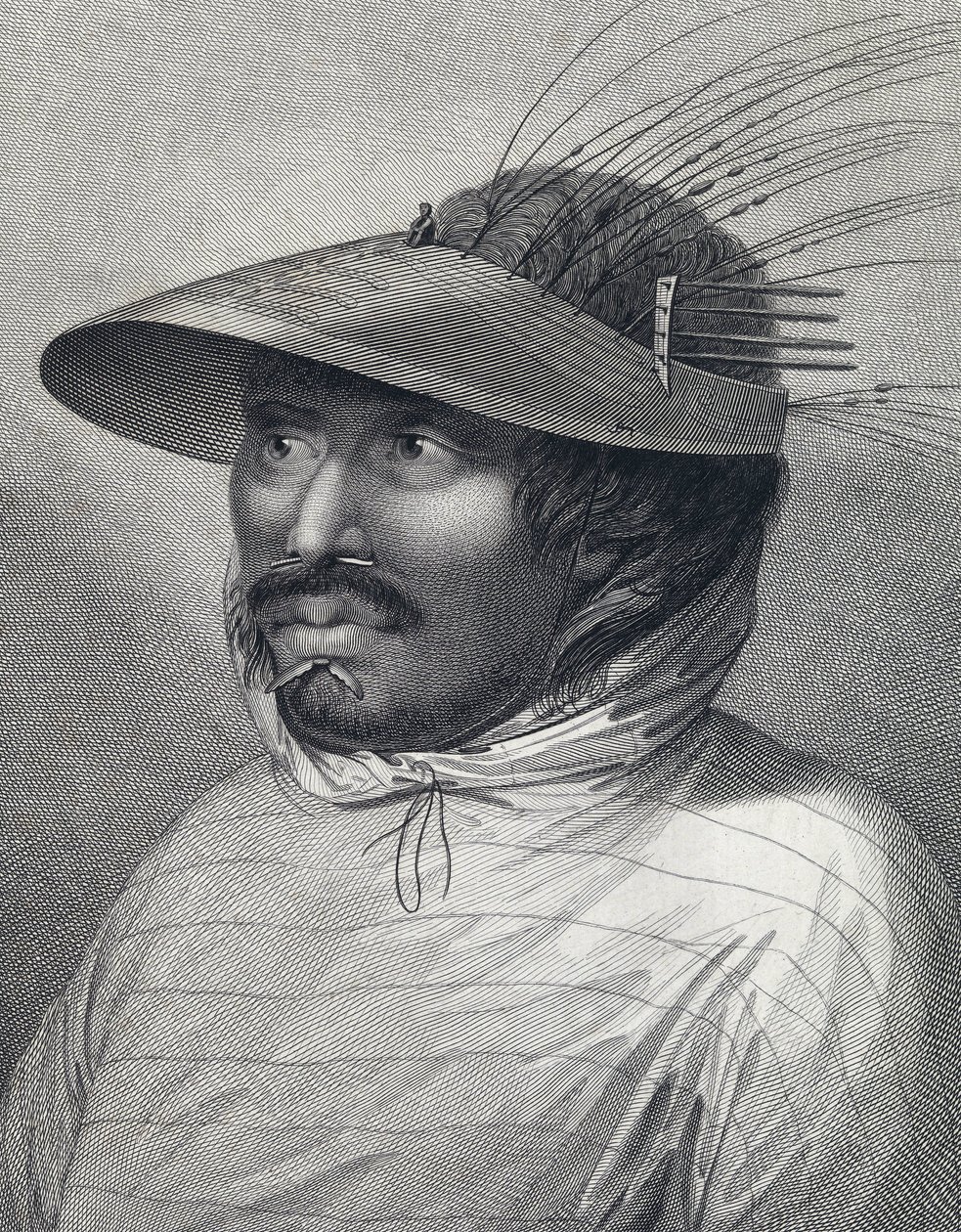 Porträt eines Mannes aus Oonalashka (oder Unalaska, Alaska, Vereinigte Staaten). Spät 18. Jahrhundert Gravur, von William Sharp (?), nach John Webber (1751-1793). von John (after) Webber