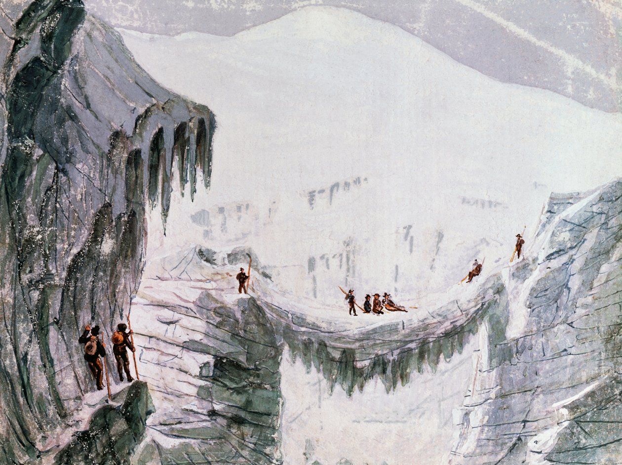 Besteigung des Mont Blanc, Kletterer hängen in einer Gletscherspalte, Aquarell, Frankreich von Walter Charles Mills