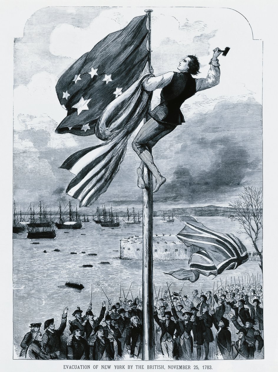 Die Briten verlassen New York, während die amerikanische Flagge gehisst wird, 25. November von Walter Charles Mills
