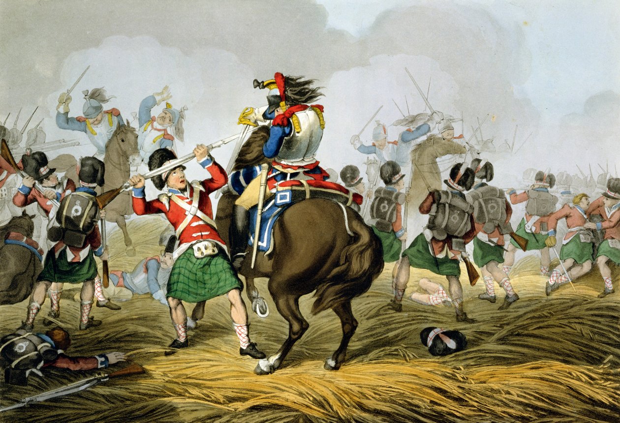Französische Kürassiere in der Schlacht von Waterloo, angegriffen und besiegt von den Highlandern und Scots Greys, graviert von Matthew Dubourg aus 