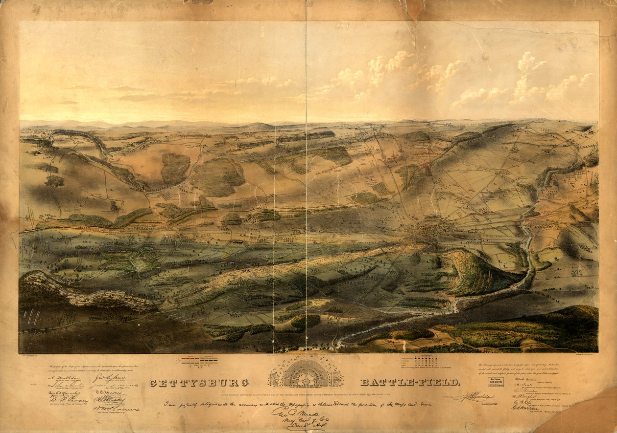 Schlachtfeld von Gettysburg. Schlacht bei Gettysburg, Pa., 1., 2. und 3. Juli 1863 von den Bundes- und Konföderierten Armeen, jeweils kommandiert von Genl. G. G. Meade und Genl. Robert E. Lee von John Bachelder