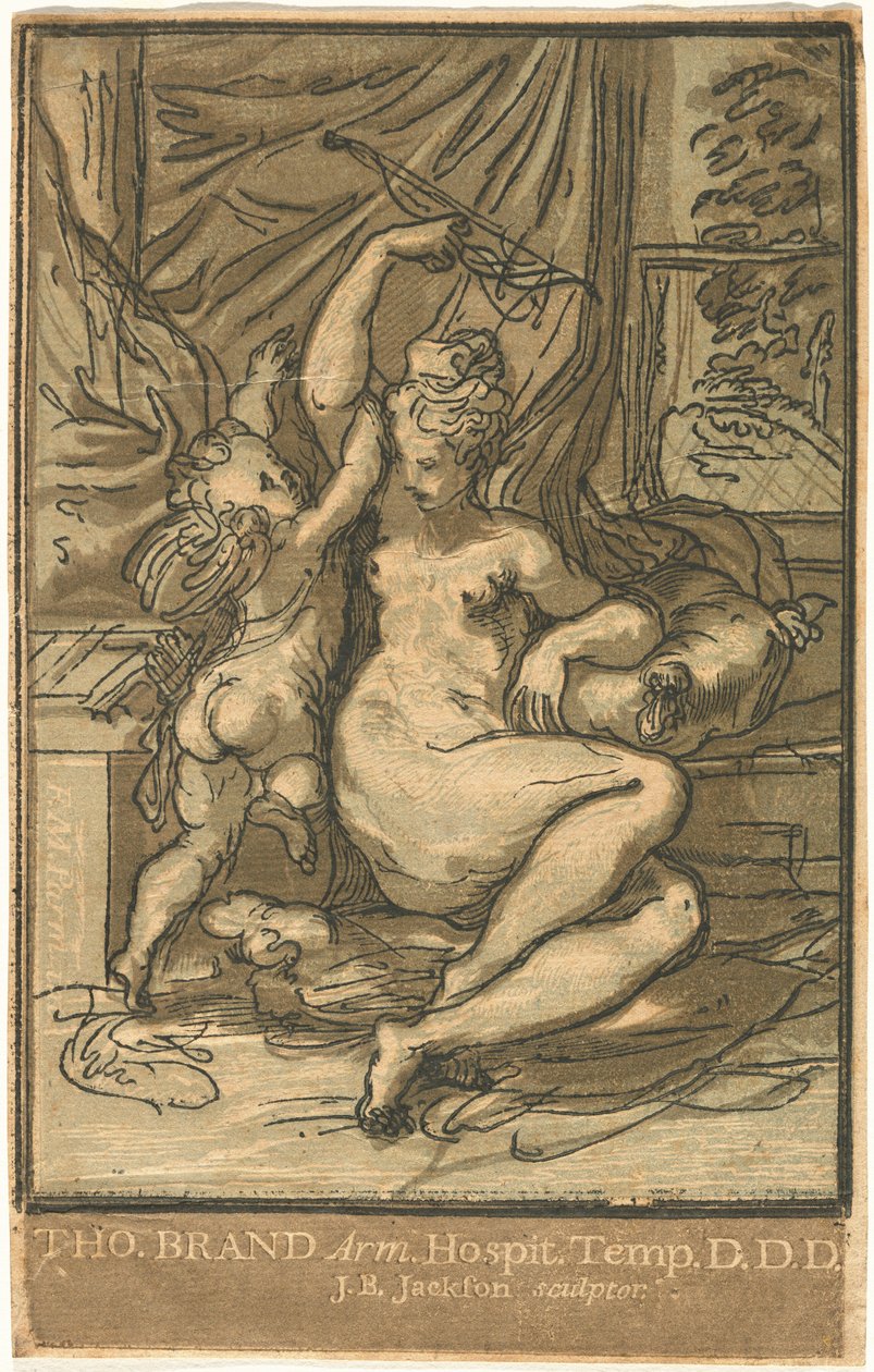 Venus und Amor mit einem Bogen von John Baptist Jackson, after Parmigianino