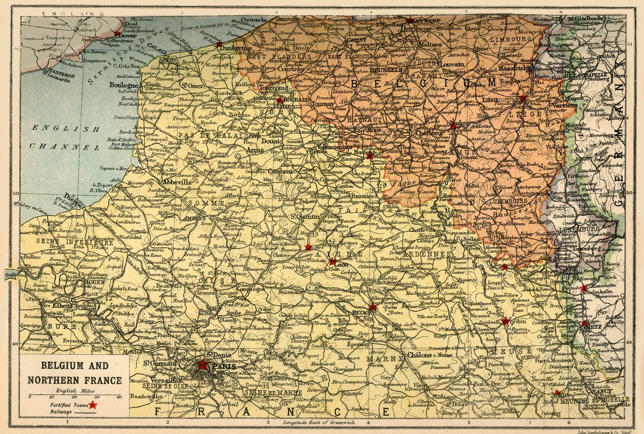 Karte von Belgien und Nordfrankreich, um 1914, um 1920 von John Bartholomew and Son