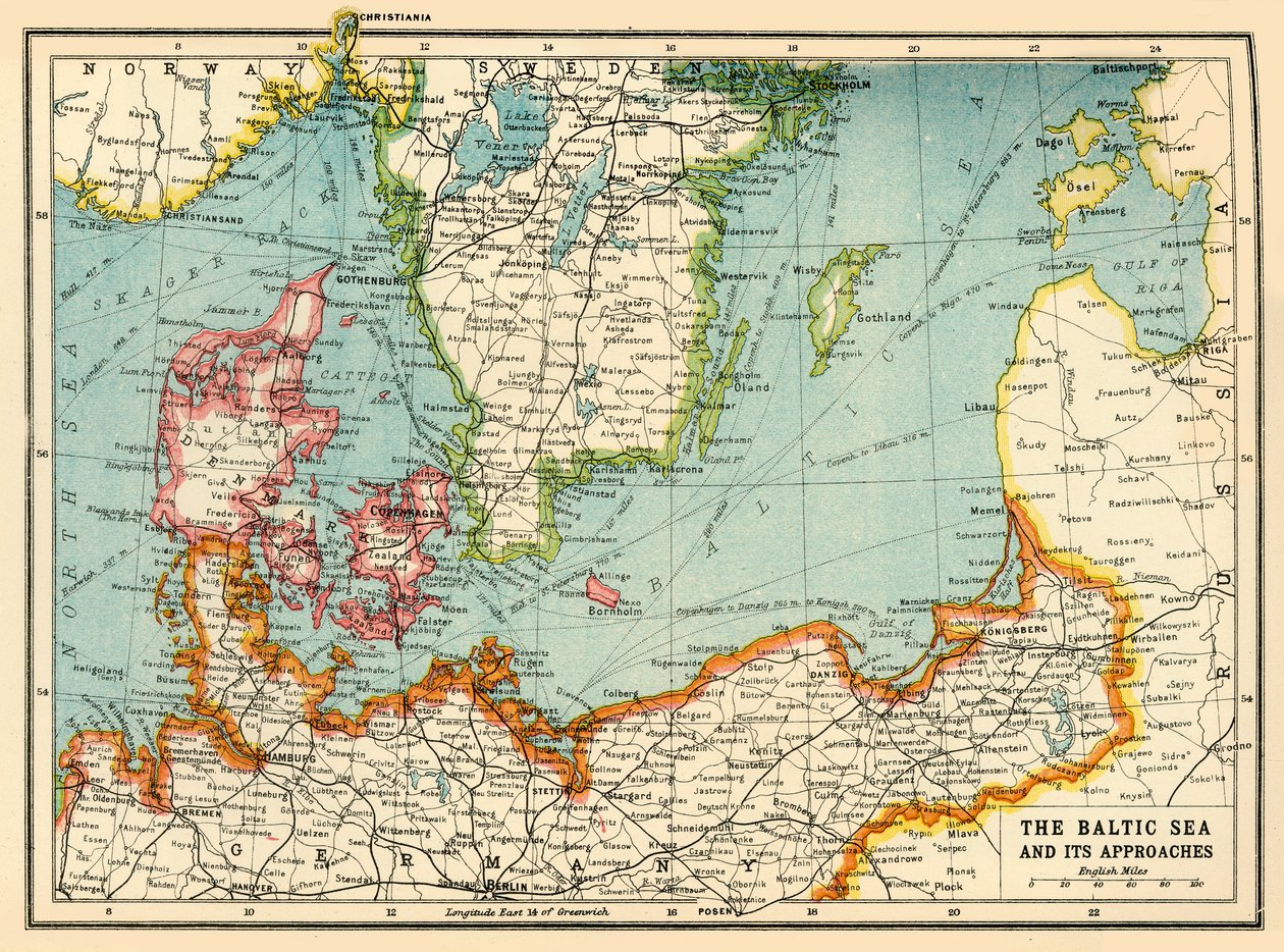 Die Ostsee und ihre Zugänge, Erster Weltkrieg, um 1915, um 1920 von John Bartholomew and Son