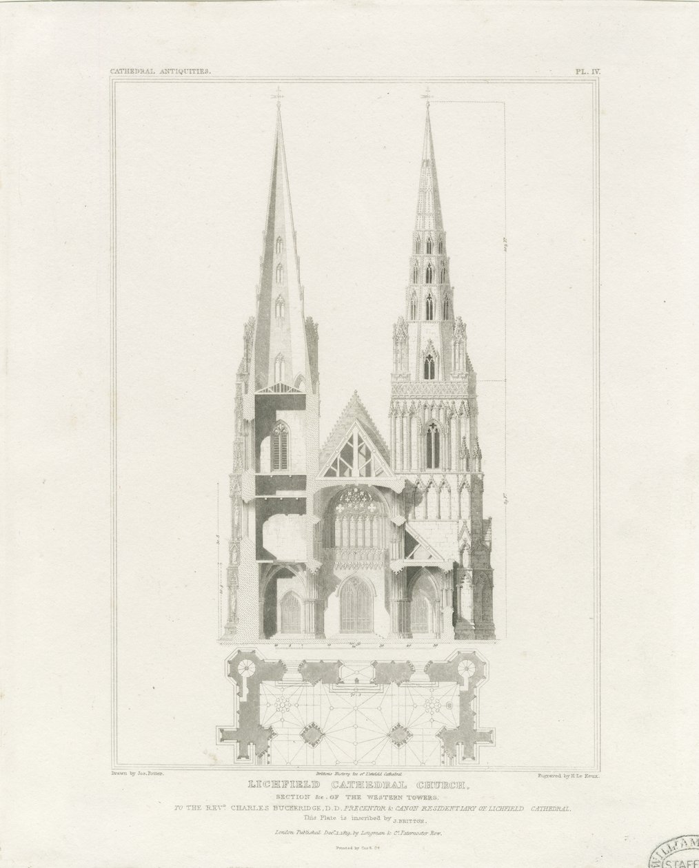 Lichfield Kathedrale - Westfassade: Radierung, undatiert [ca. 1819] von John Britton