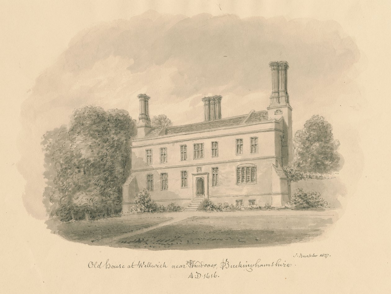 Buckinghamshire - Wellwick - Altes Haus: Sepiazeichnung, 1837 von John Buckler