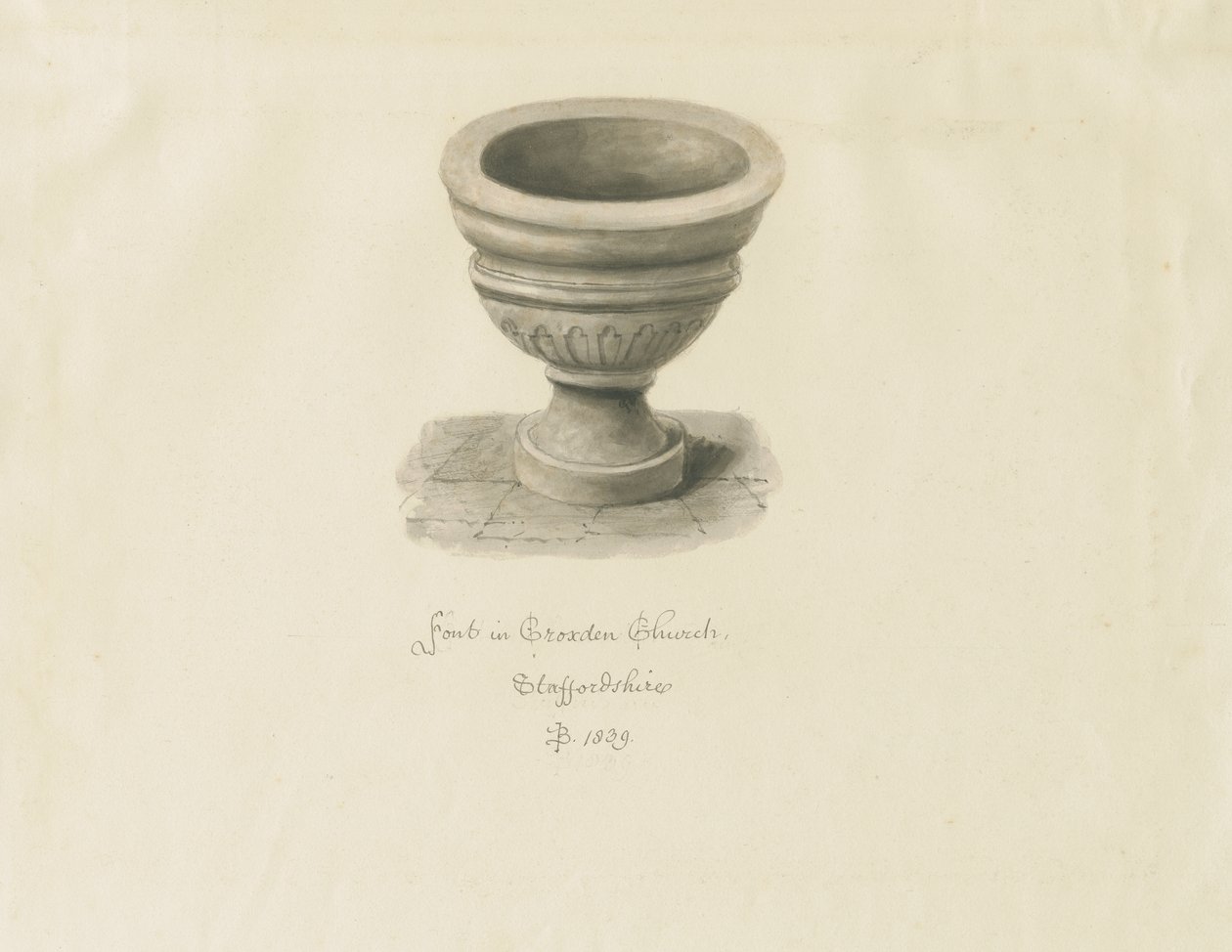 Croxden - Taufbecken in der Gästekapelle: Sepia-Zeichnung von John Buckler