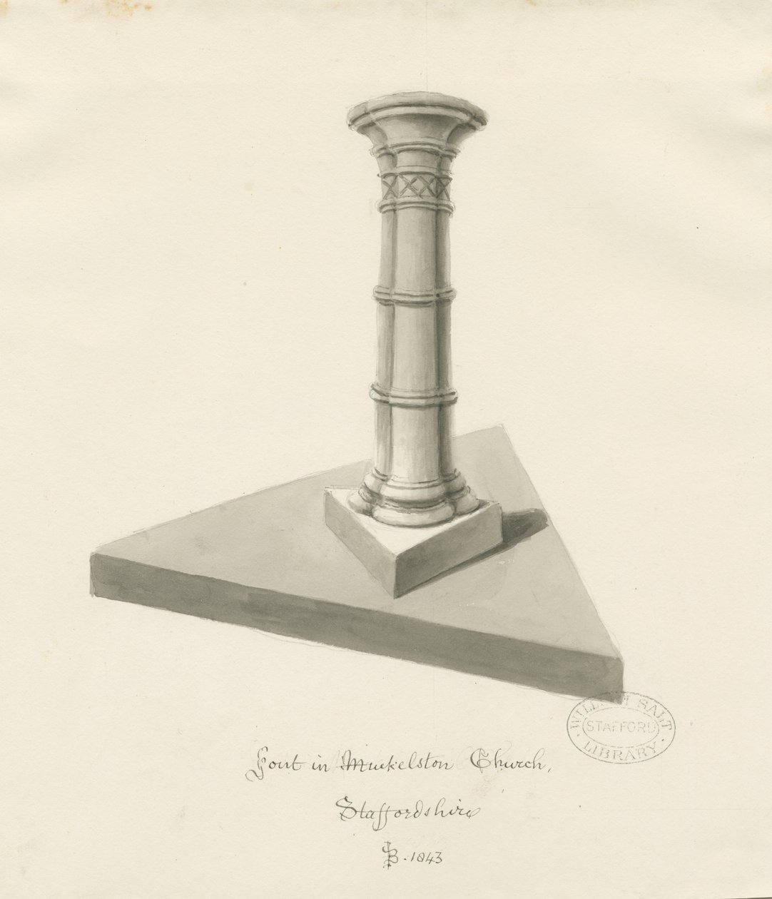 Taufbecken in der Mucklestone Church: Sepiawaschzeichnung, 1843 von John Buckler