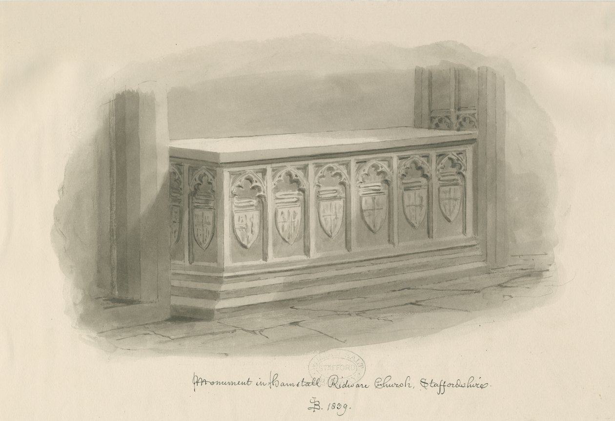 Hamstall Ridware Church - Denkmal: Sepiawaschzeichnung, 1839 von John Buckler