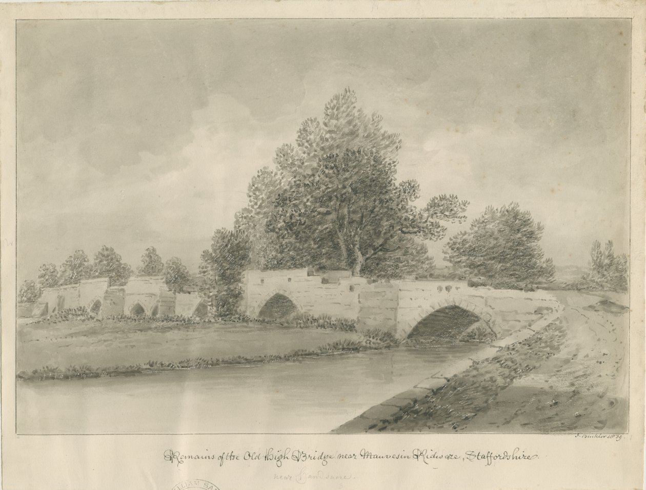 Handsacre - Alte Hohe Brücke: Sepiazeichnung, 1839 von John Buckler