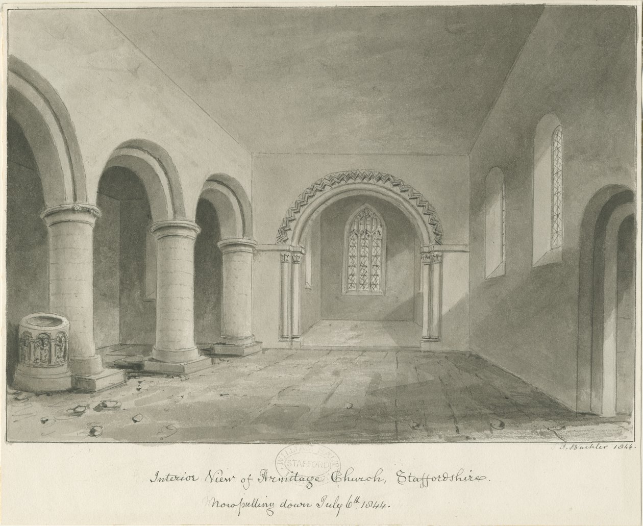 Innenraum der Armitage Kirche: Sepiazeichnung, 6. Juli 1844 von John Buckler