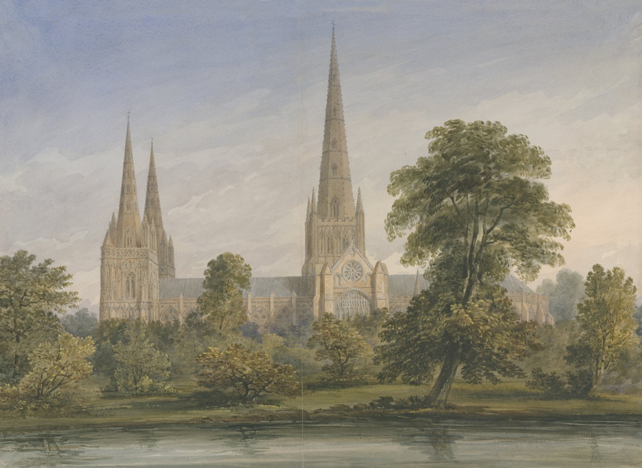 Lichfield-Kathedrale - Südostansicht: Aquarell, nd [?1842] von John Buckler