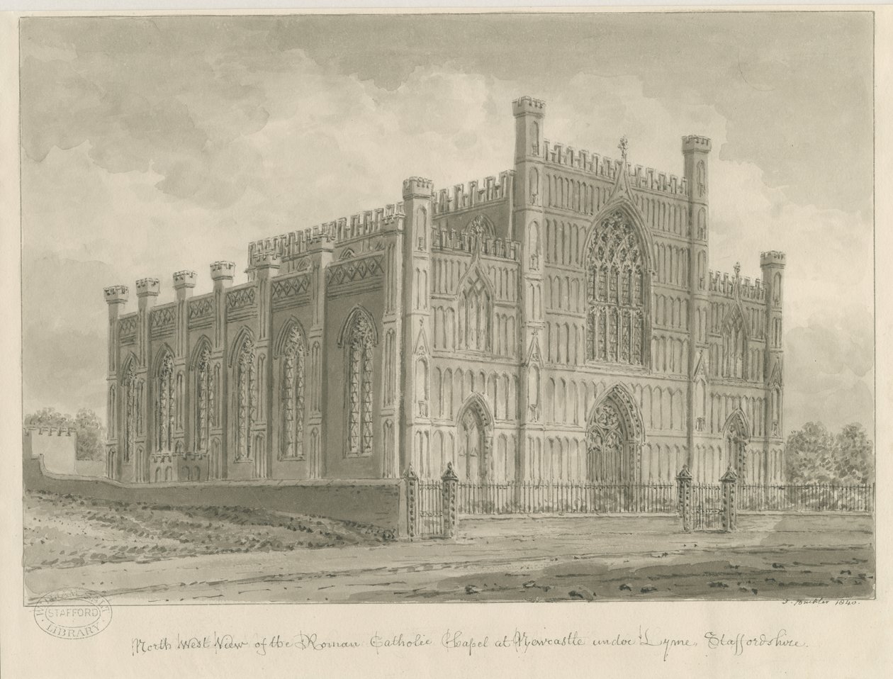 Newcastle-under-Lyme - Römisch-Katholische Kapelle: Sepiawaschzeichnung, 1840 von John Buckler