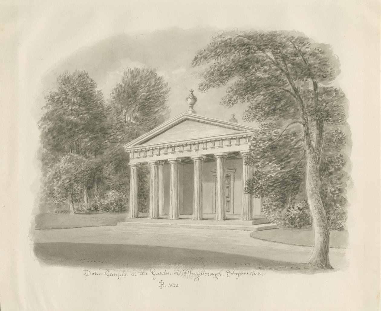 Shugborough - Dorischer Tempel: Sepiazeichnung, 1842 von John Buckler