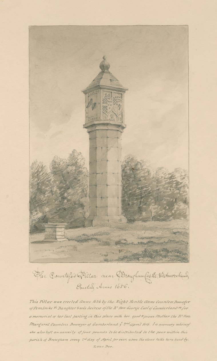 Westmorland - Brougham Castle - Countess Pillar: Sepiazeichnung, 1800 von John Buckler