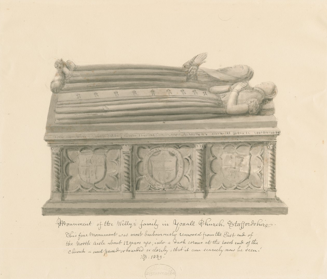 Yoxall Kirche - Denkmal der Familie Welly von John Buckler
