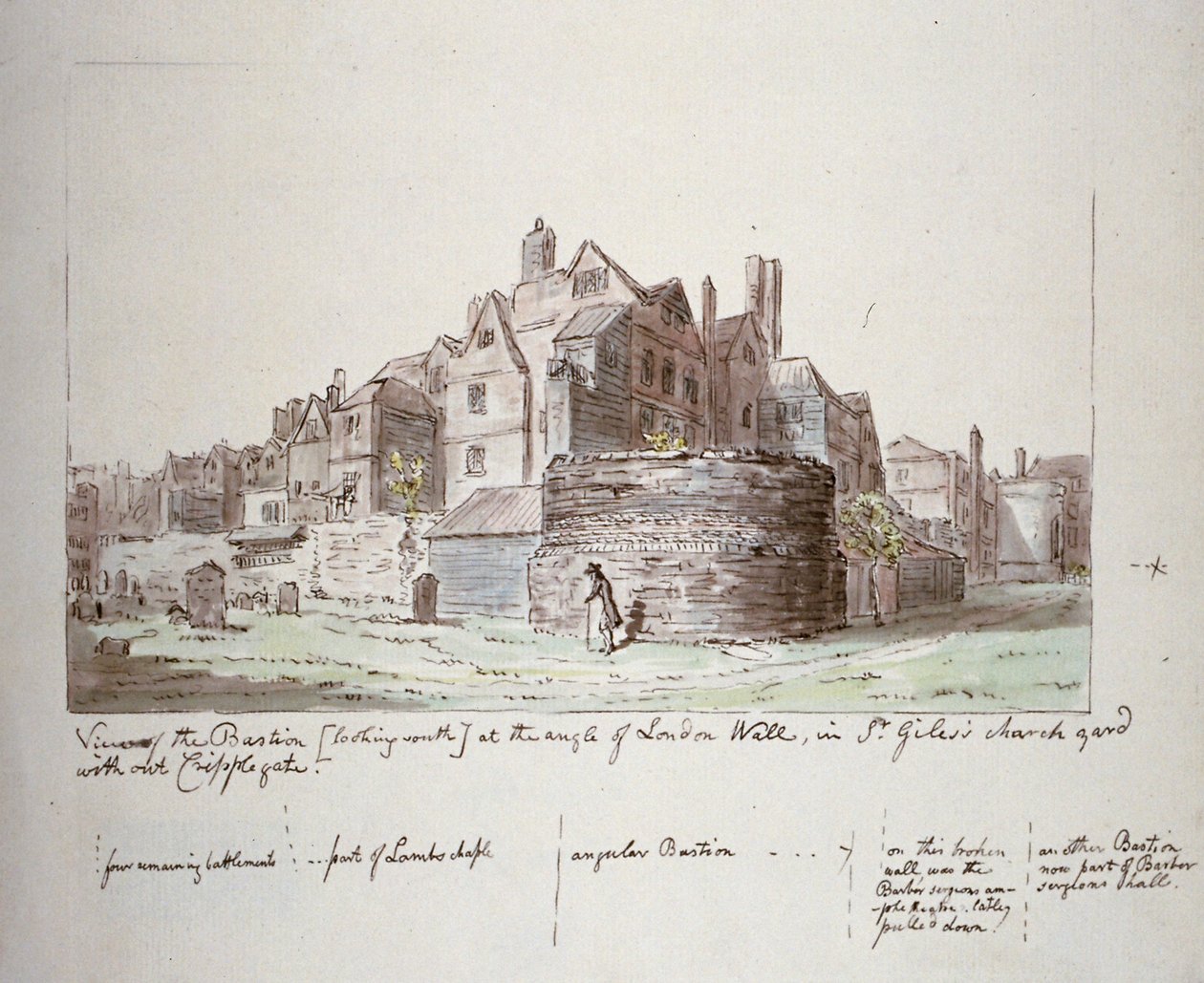 Bastion am Winkel der London Wall, St. Giles ohne Cripplegate Kirchhof, City of London, 1779 von John Carter