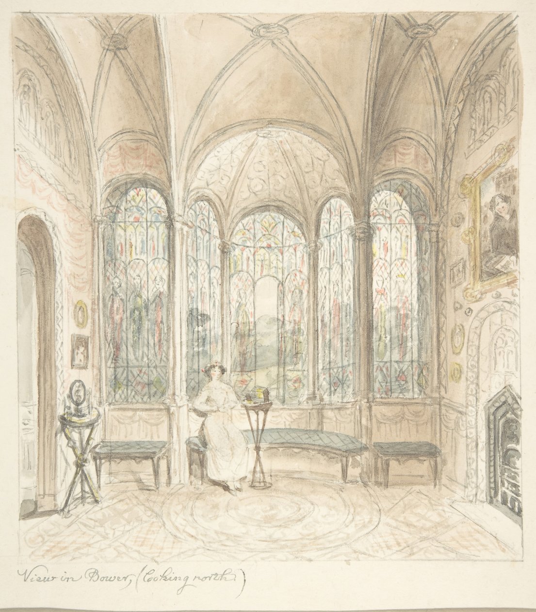 Lea Castle, Worcestershire, Blick in den Bower, nach Norden, ca. 1816 von John Carter.