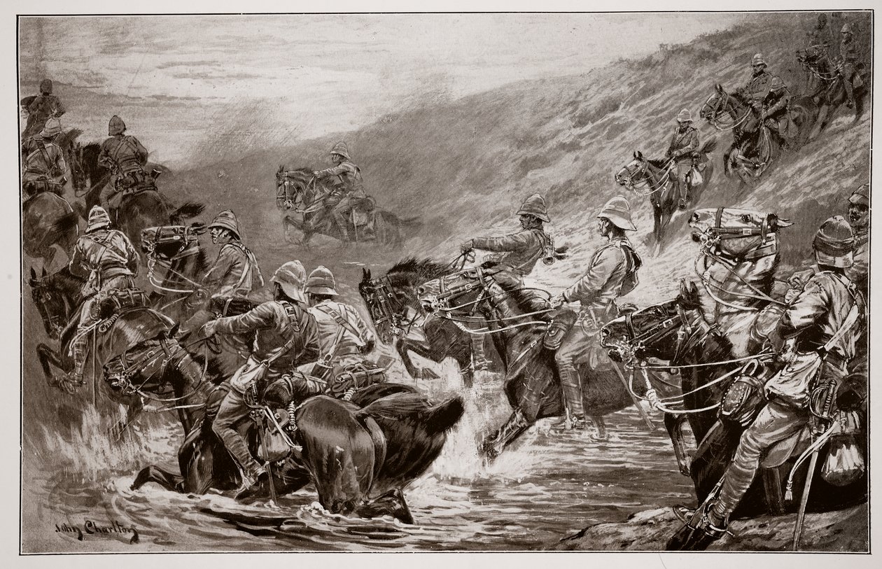 Der Ansturm auf Kimberley - Die 10. Husaren überqueren Klip Drift, nach einer Skizze von G.D. Giles von John Charlton