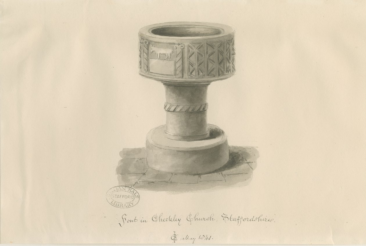 Taufbecken in Checkley Kirche von John Chessell Buckler