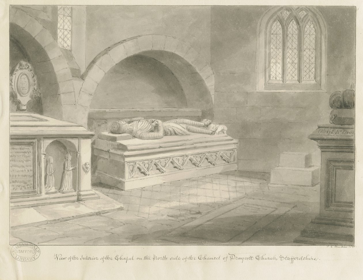 Innenraum der Draycott in the Moors Kirche von John Chessell Buckler