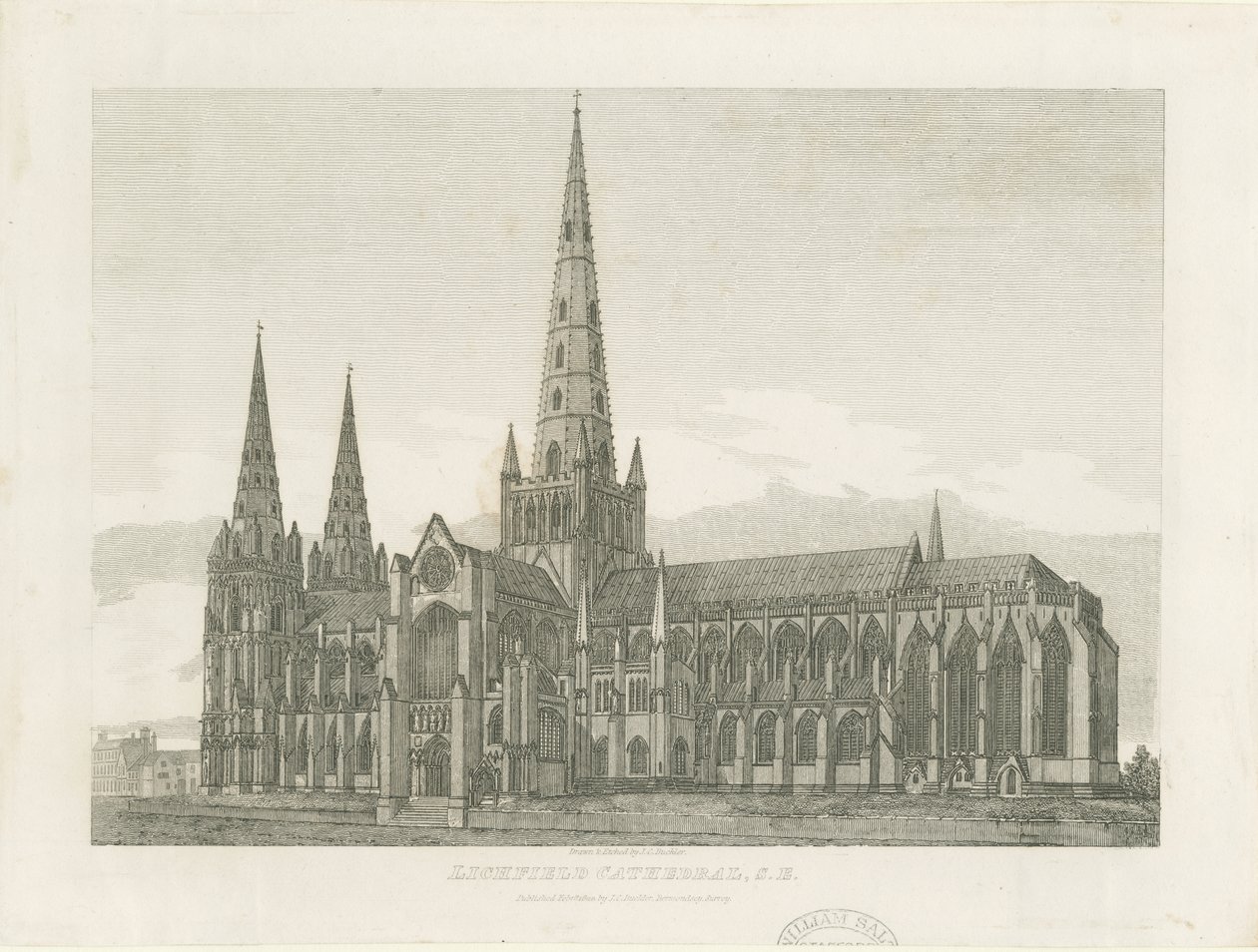 Lichfield Kathedrale - Südostansicht (Gravur) von John Chessell Buckler