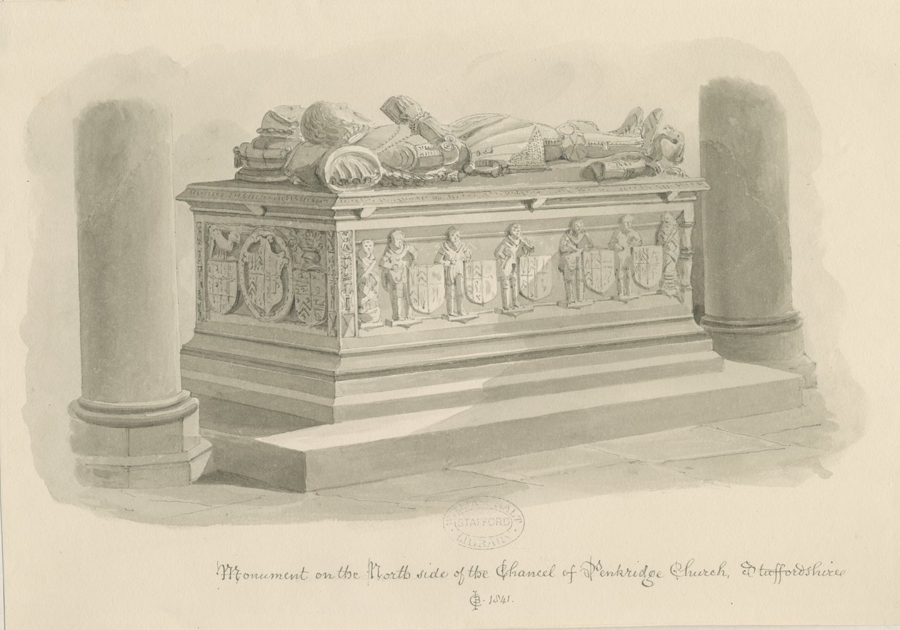 Penkridge Church - Grab von [Sir Edward Littleton]: Sepia-Zeichnung von John Chessell Buckler