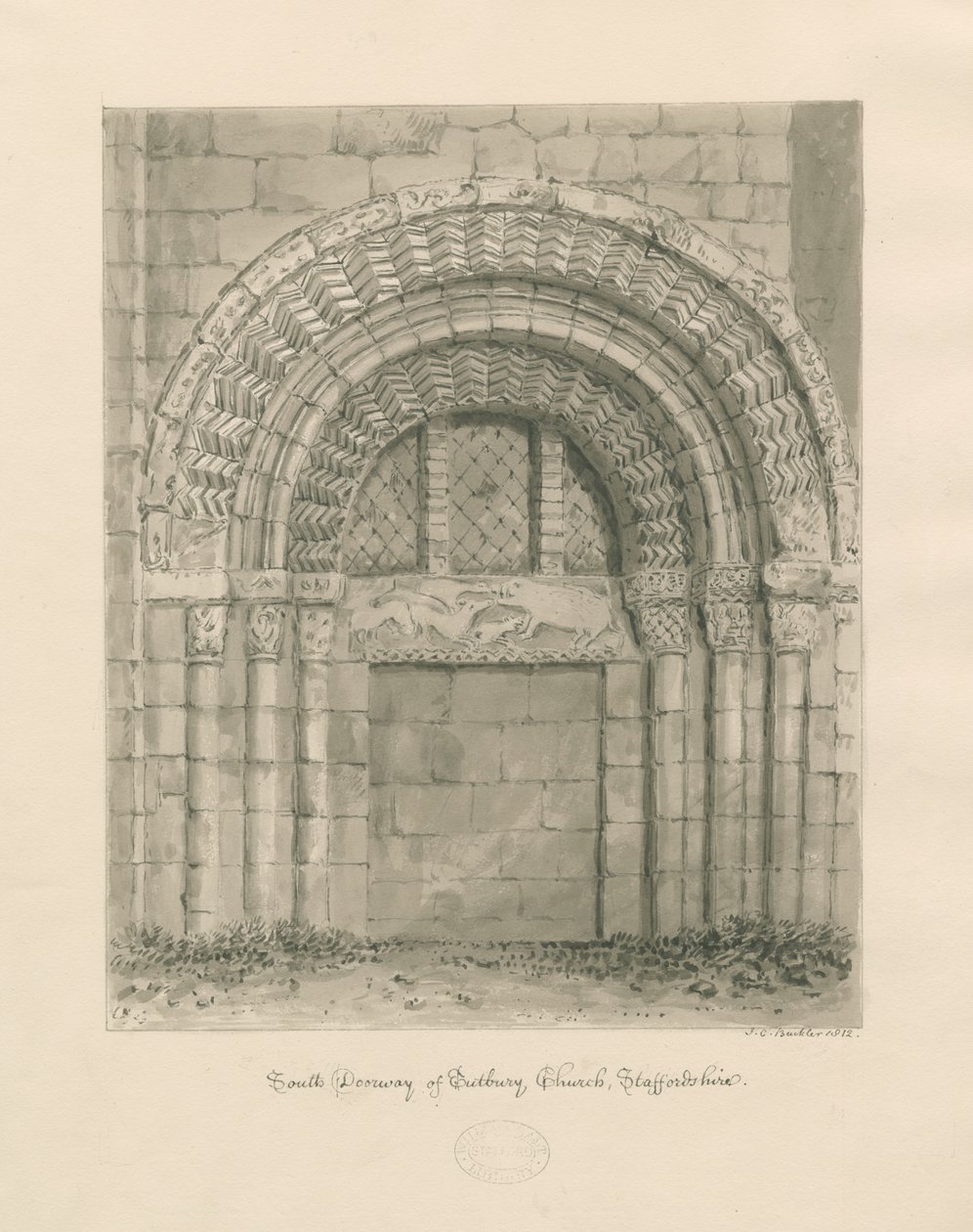Tutbury Priory Kirche - Südportal von John Chessell Buckler
