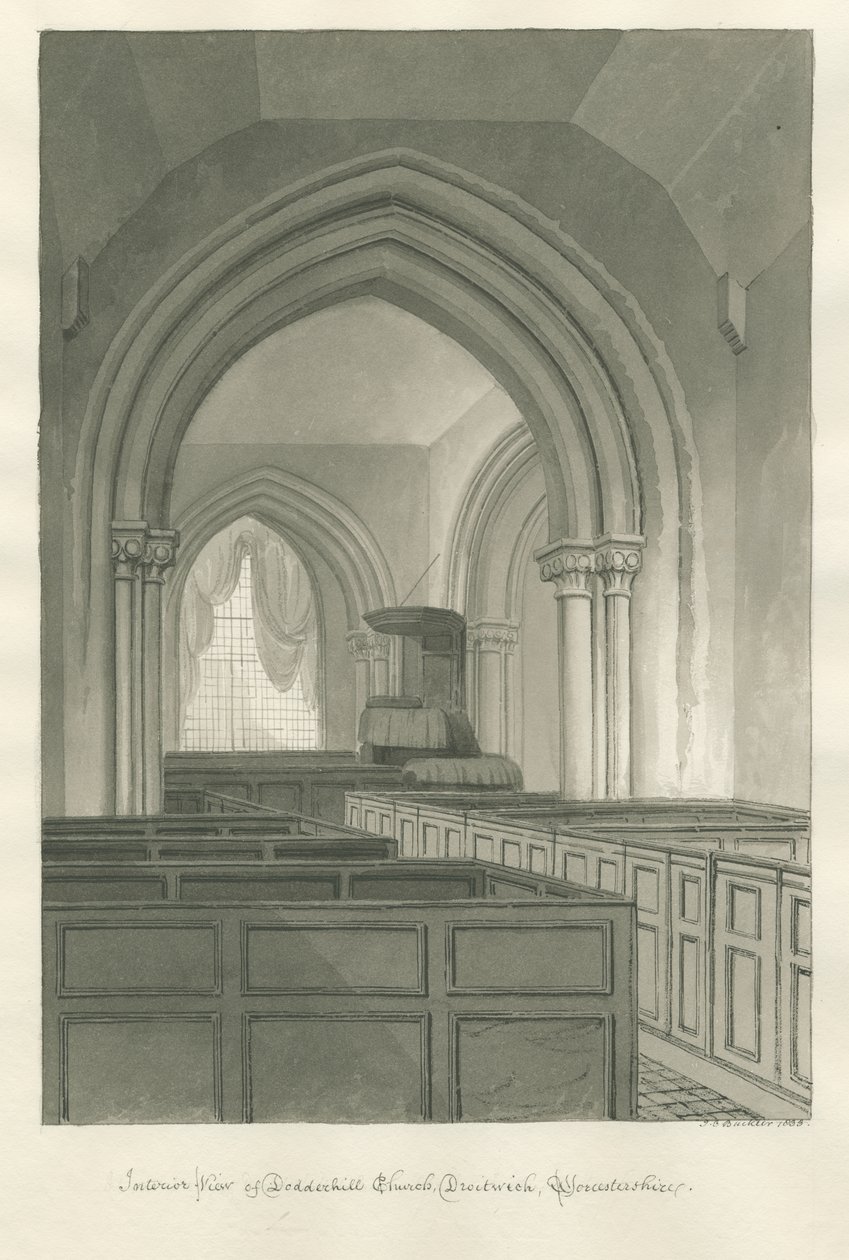 Worcestershire - Droitwich - Dodderhill Kirche Innenansicht: Sepia-Zeichnung von John Chessell Buckler