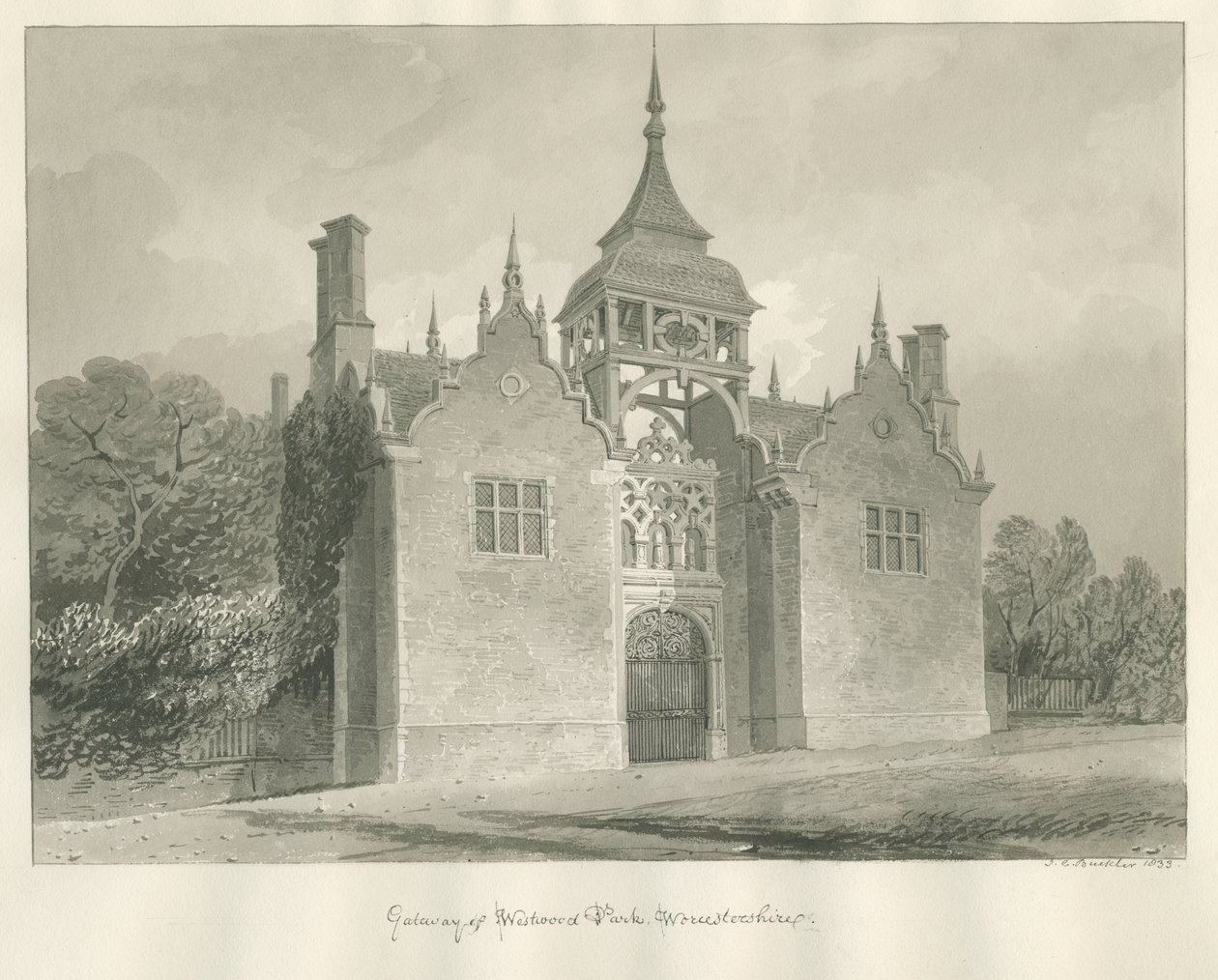 Worcestershire - Westwood Park - Eingangstor: Sepiazeichnung, 1833 von John Chessell Buckler