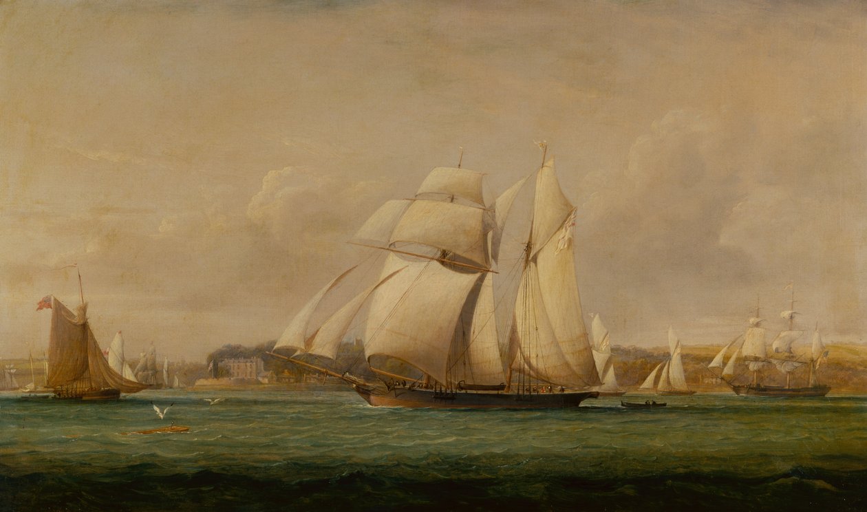 Ein Toppsegel-Schoner, zwei Royal Yacht Squadron Cutter und ein amerikanisches Handelsschiff von John Christian Schetky