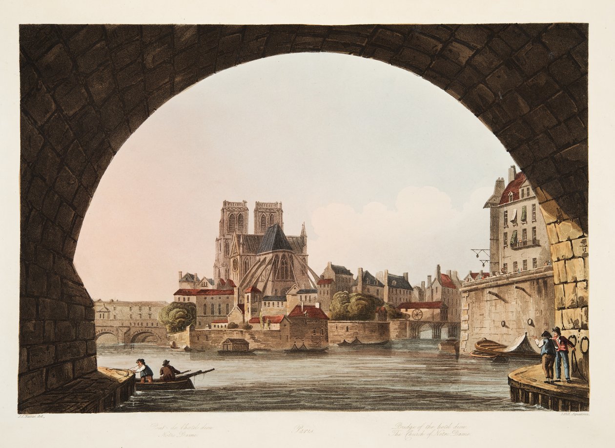 Brücke des Hôtel-Dieu und die Kirche Notre Dame, Illustration aus Versailles, Paris und Saint Denis, veröffentlicht 1805 von John Claude Nattes