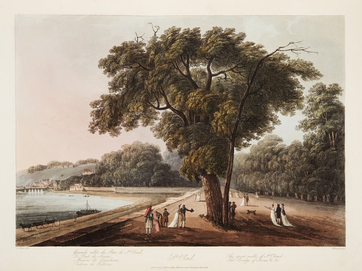 St Cloud, Der Große Spaziergang von St Cloud, Die Brücke von Sevres, etc., Illustration aus Versailles, Paris und Saint Denis, veröffentlicht 1805 von John Claude Nattes
