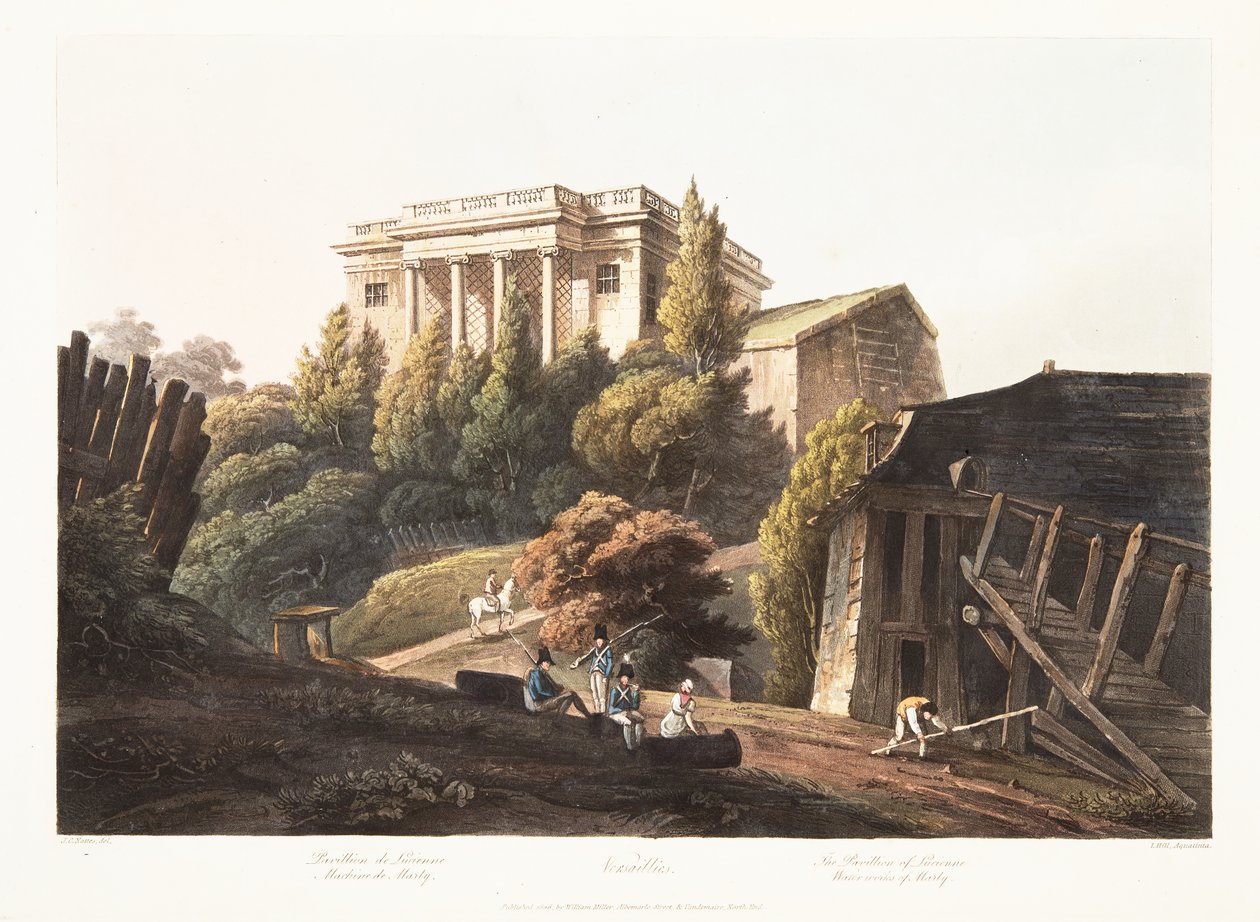 Versailles, Der Pavillon von Lucienne, Wasserwerke von Marly, Illustration aus Versailles, Paris und Saint Denis, veröffentlicht 1806 von John Claude Nattes