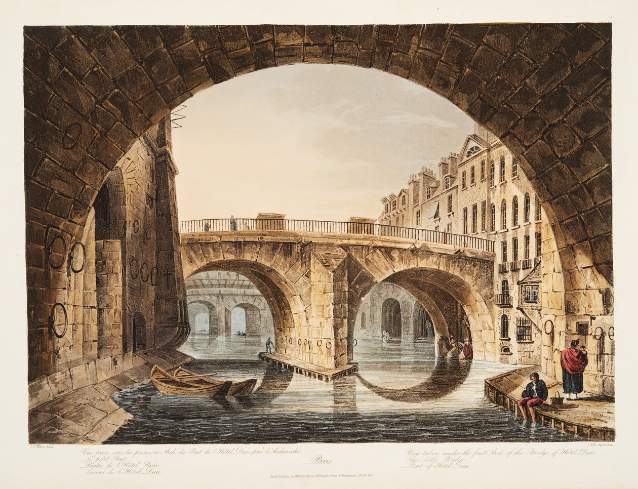 Ansicht unter dem ersten Bogen der Brücke des Hôtel-Dieu, die Kleine Brücke, Teil des Hôtel-Dieu, Illustration aus Versailles, Paris und Saint Denis, veröffentlicht 1809 von John Claude Nattes