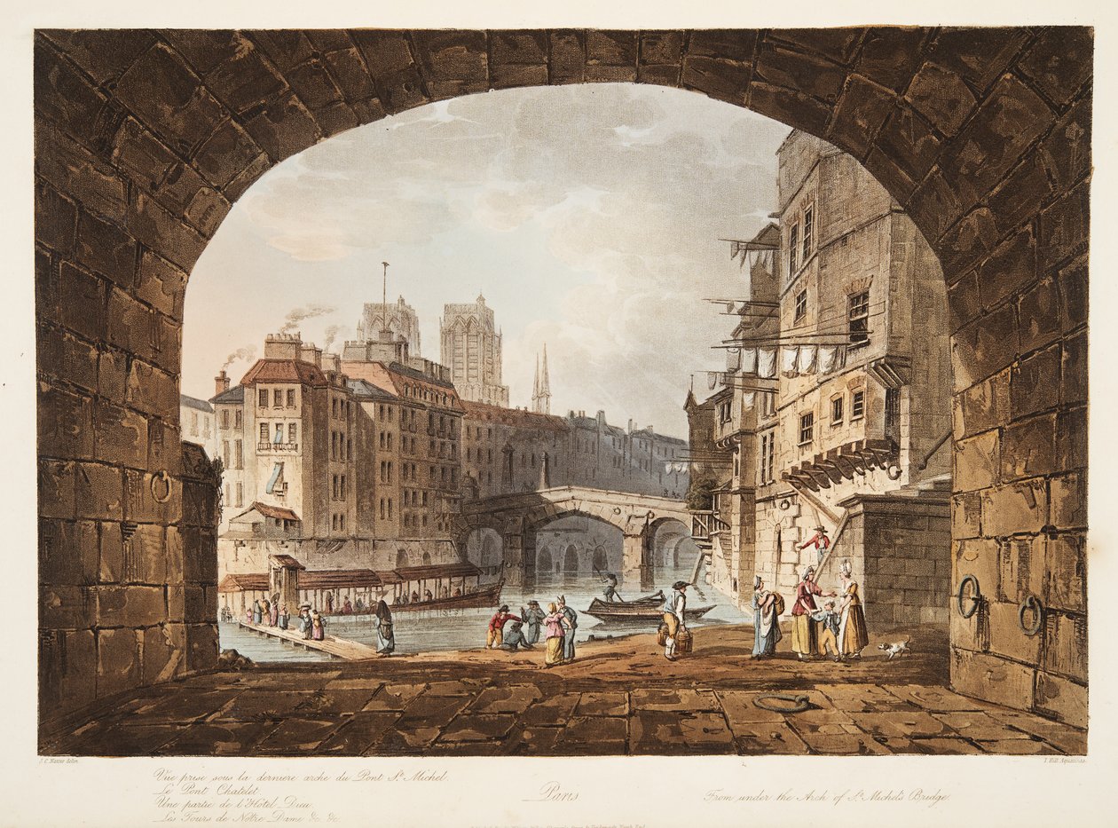 Unter dem Bogen der St. Michaels Brücke, Illustration aus Versailles, Paris und Saint Denis, veröffentlicht 1805 von John Claude after Nattes
