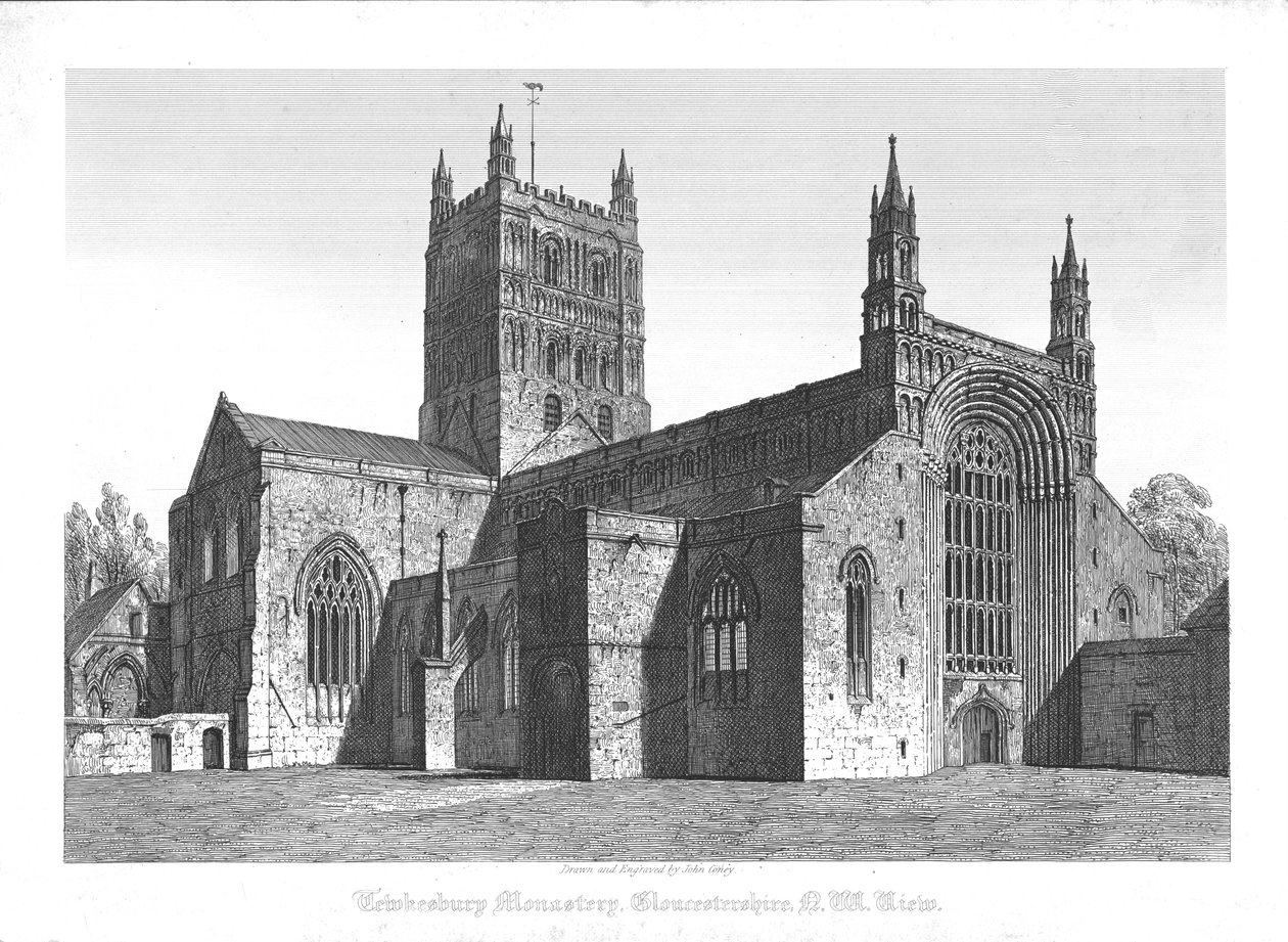 Tewkesbury Kloster, Gloucestershire, N. W. Ansicht, frühes 19. Jahrhundert von John Coney