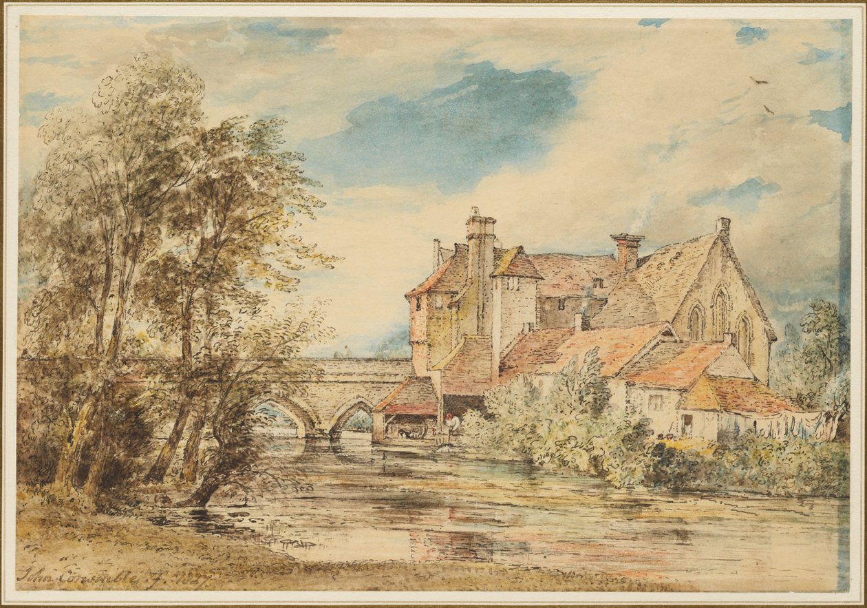 Alte Häuser auf der Harnam-Brücke, Salisbury mit dem Alten Hospital des Heiligen Nikolaus von John Constable