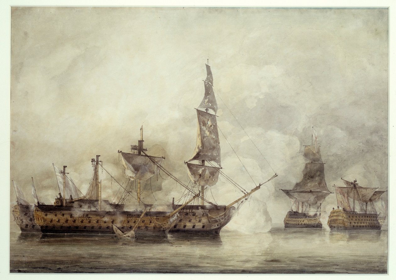 Die „Victory“ bei Trafalgar zwischen zwei französischen Schiffen (1805). Zeichnung von John Constable von John Constable