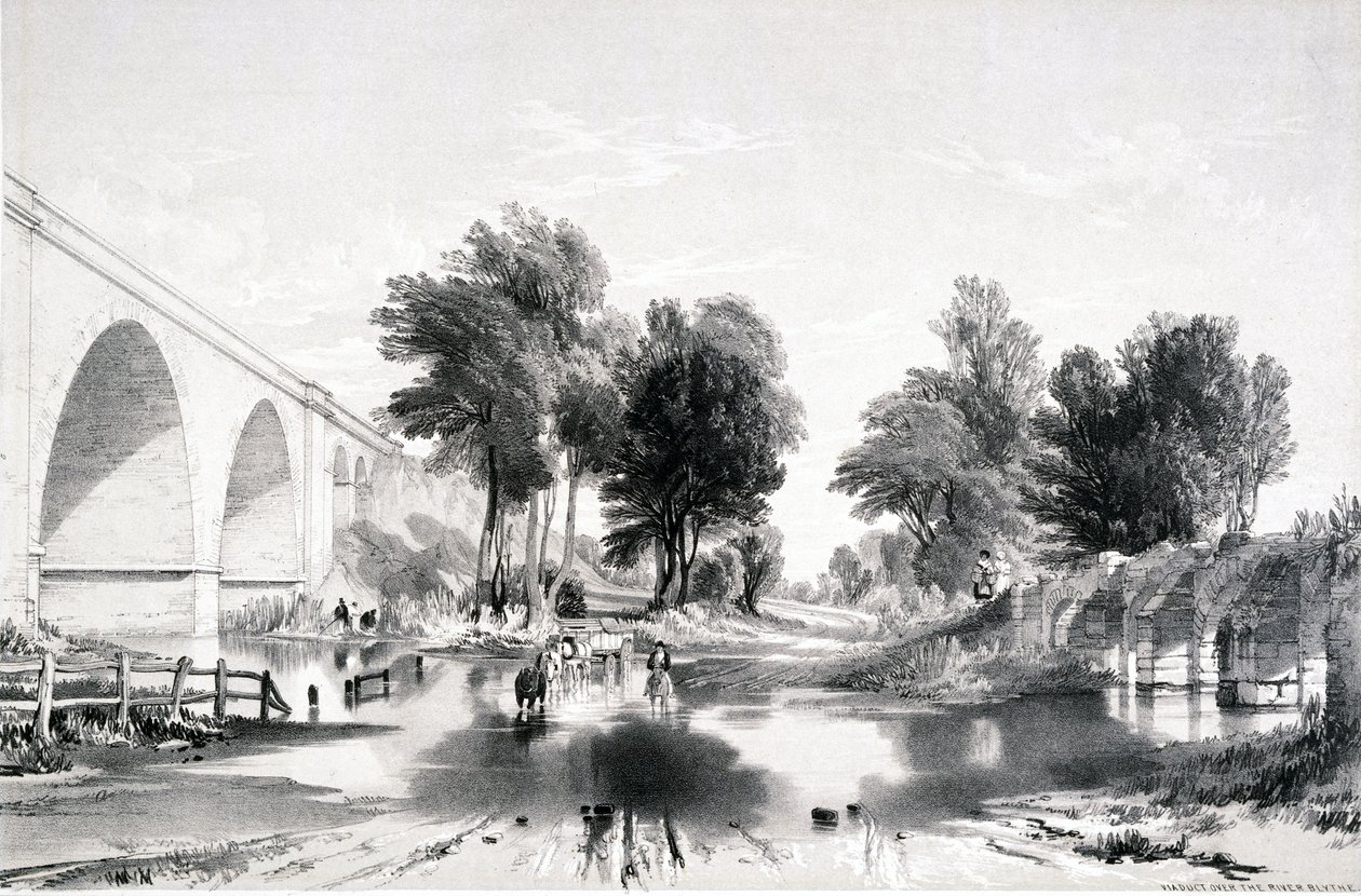 Viadukt über den Fluss Blythe, London & Birmingham Railway, 1839 von John Cooke Bourne