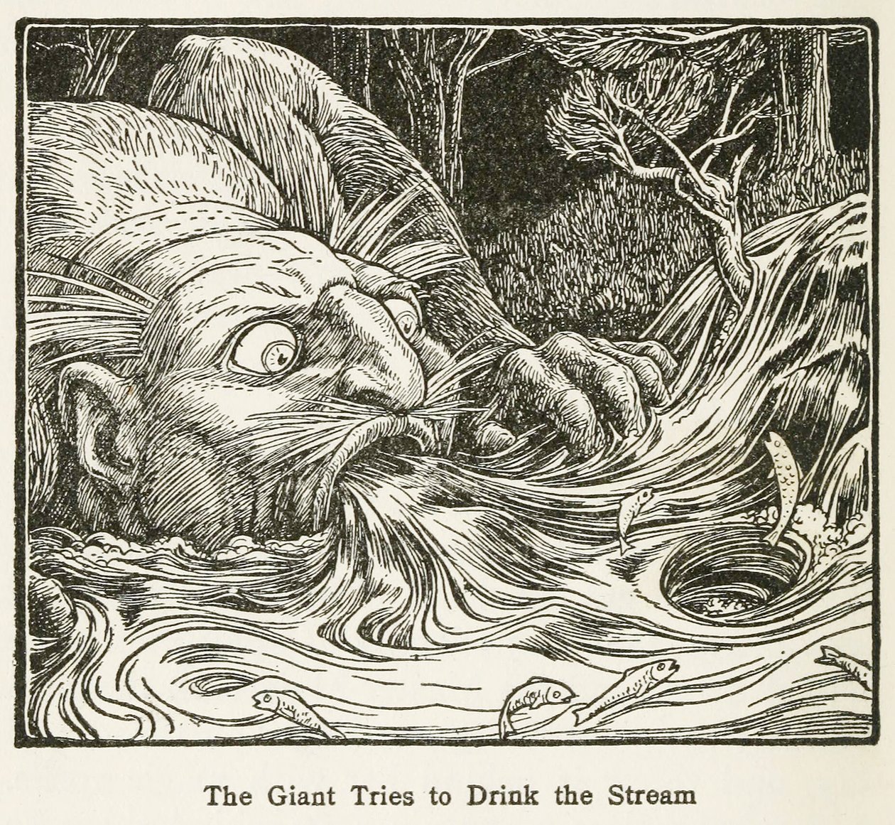 Der Riese versucht, den Bach zu trinken, aus Europas Märchenbuch, veröffentlicht 1916 (Gravur) von John Dickson Batten