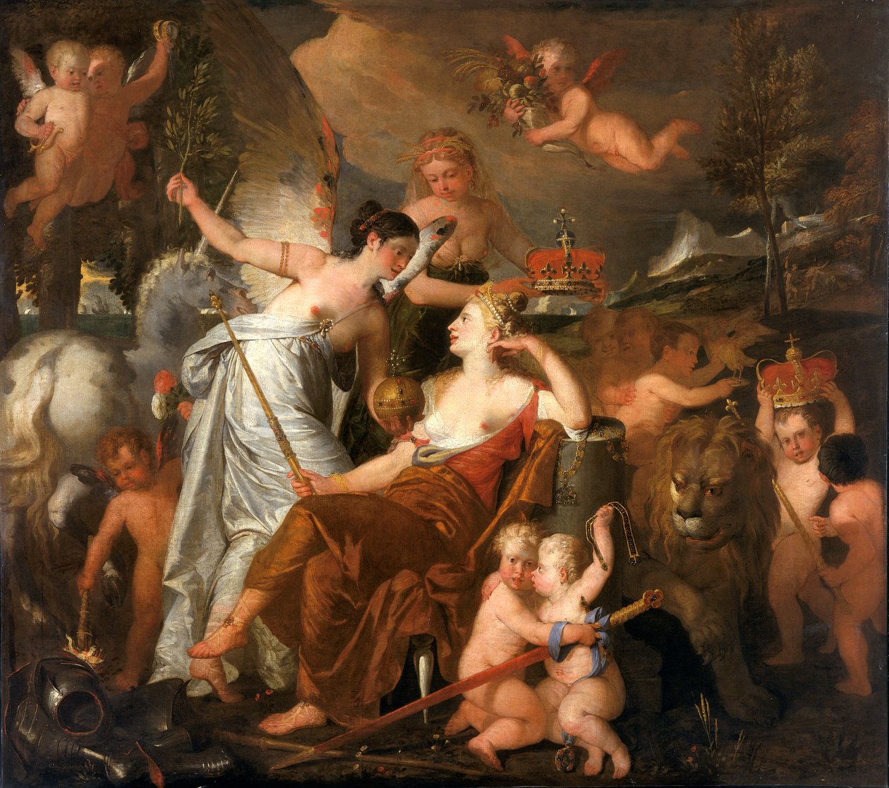 Eine verstorbene Prinzessin personifiziert den Frieden und krönt den Ruhm Englands, reflektiert auf Europa von John Downman